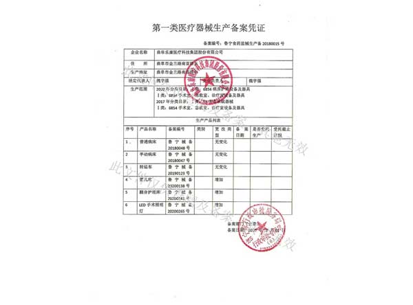 第一類(lèi)醫(yī)療器械生產(chǎn)備案憑證